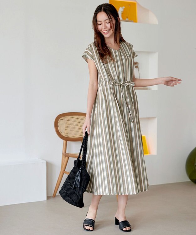 Tiaclasse 【洗える】麻調前開きフレンチワンピース カーキストライプ
