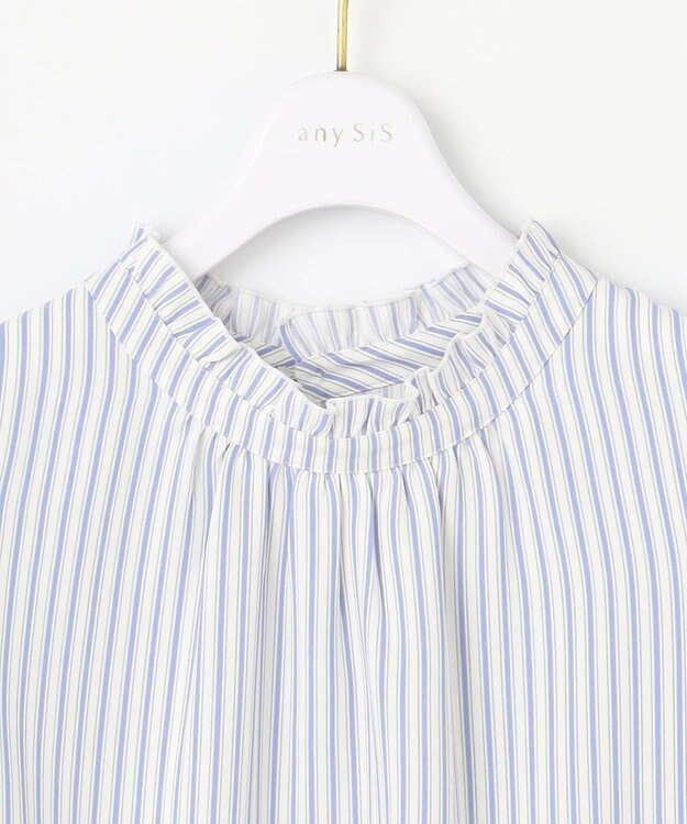 ANY SIS S 【洗える】フリルネックスタンド ブラウス ブルーストライプ