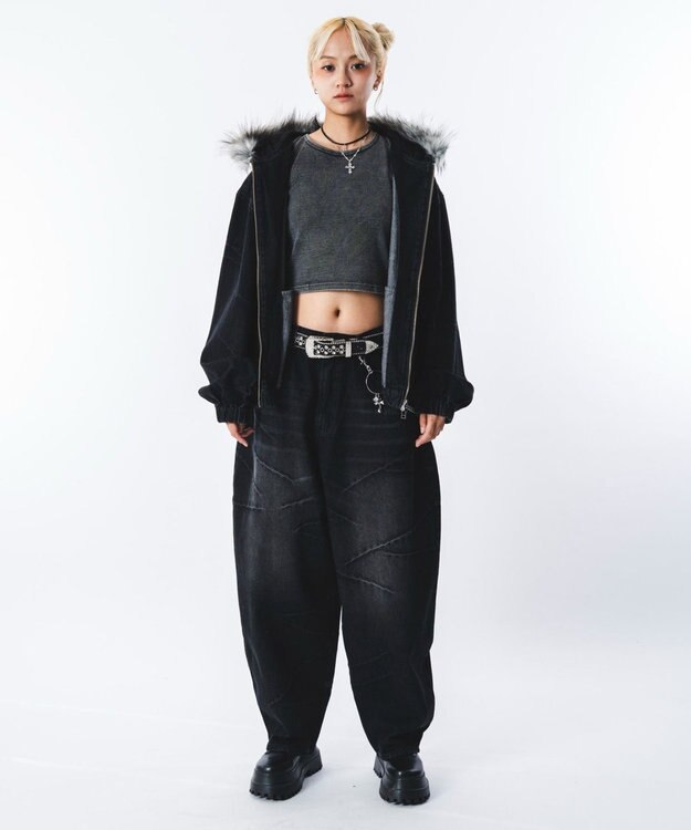 WEGO 【ユニセックス着用ITEM】ファーフードスラッシュデニムブルゾン デニムブラックソノタ