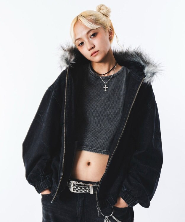 WEGO 【ユニセックス着用ITEM】ファーフードスラッシュデニムブルゾン デニムブラックソノタ