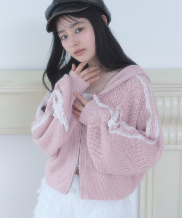 WEGO レースリボンニットパーカー ピンク