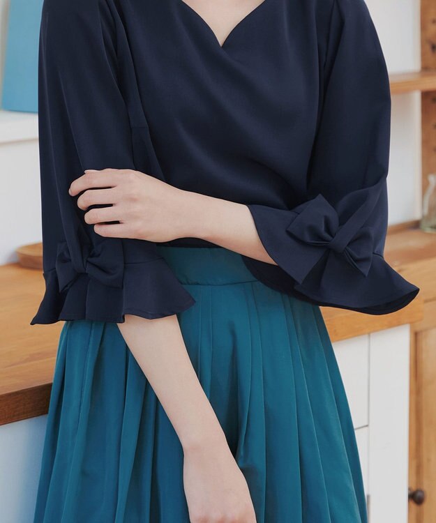 Tiaclasse 【洗える】リボンフレアスリーブブラウス ネイビー