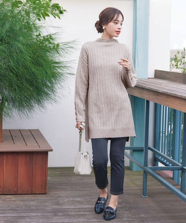 Tiaclasse L 【洗える】袖ボタンメランジニットチュニック グレージュ