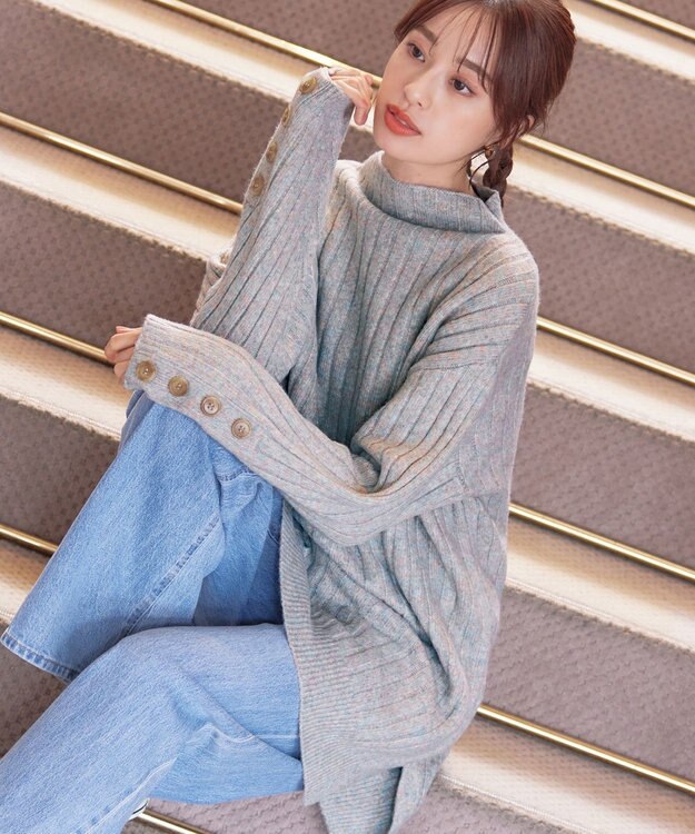 Tiaclasse L 【洗える】袖ボタンメランジニットチュニック ミント