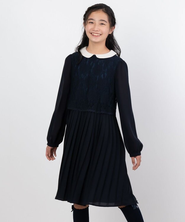 組曲 KIDS 【150-170cm】シフォンプリーツコンビ ワンピース ネイビー系