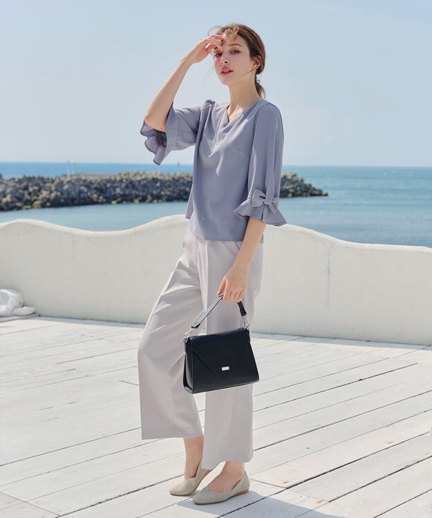 Tiaclasse 【洗える】リボンフレアスリーブブラウス ブルー