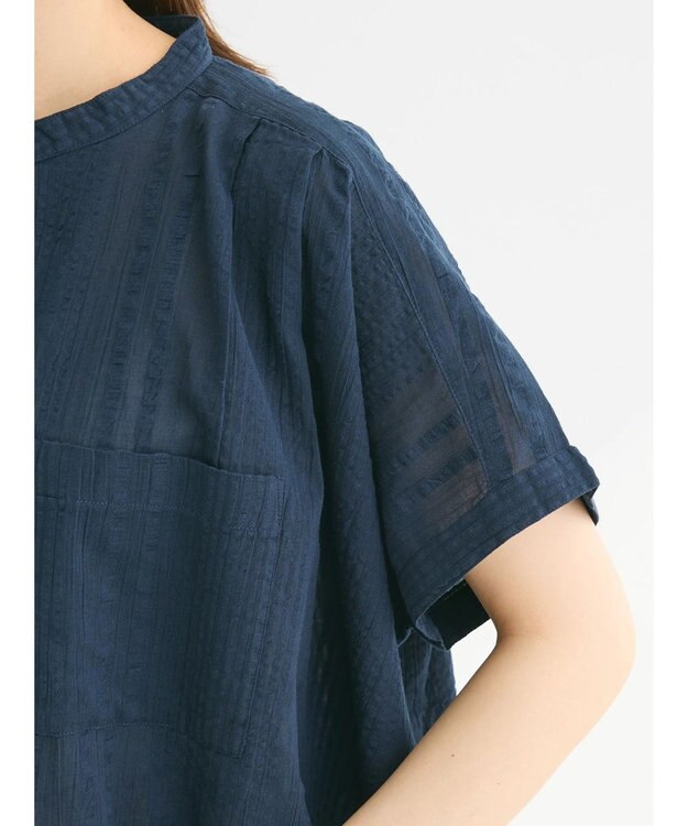 Green Parks インド綿  バンドカラーデザイン５分袖シャツ Dark Navy