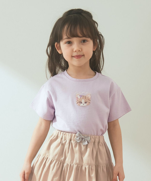ANY KIDS オーガビッツアニマルサガラ刺繍Ｔシャツ ラベンダー×ネコ