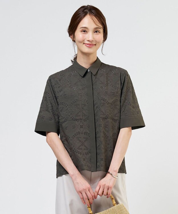 J.PRESS LADIES L 【一枚で着映え】エンブロイダリー ボクシーシャツ ダークブラウン系