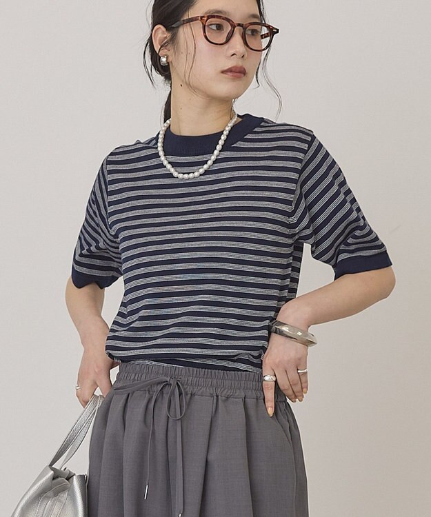 AMERICAN HOLIC ボーダーハーフスリーブニットプルオーバー Navy