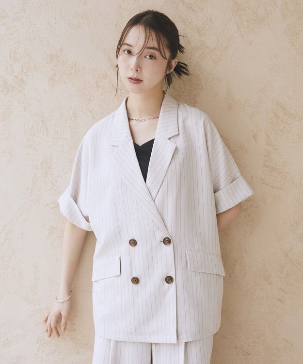 earth music&ecology 【セットアップ対応】リネンライクダブルジャケット Stripe Ivory