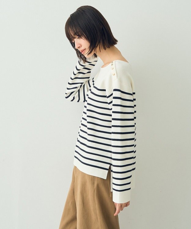 YECCA VECCA ミラノリブ金釦ニット Border Ivory