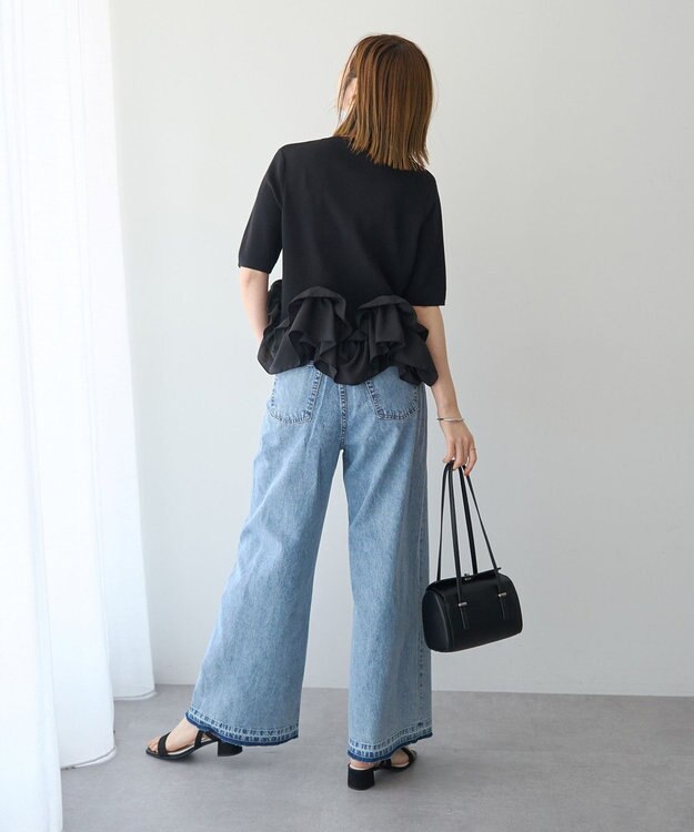 YECCA VECCA パール釦ラッフル5分袖カーディガン Black