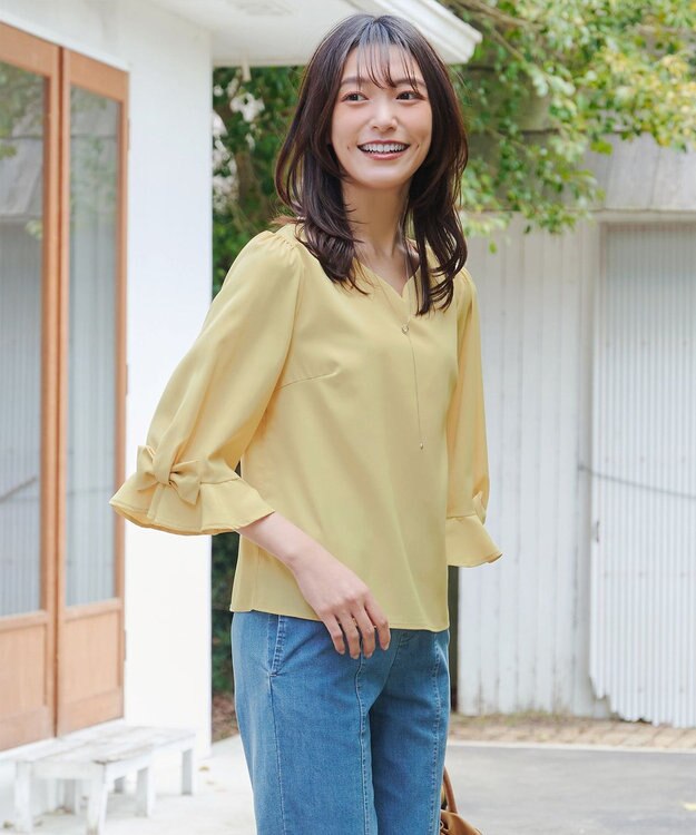 Tiaclasse 【洗える】リボンフレアスリーブブラウス イエロー