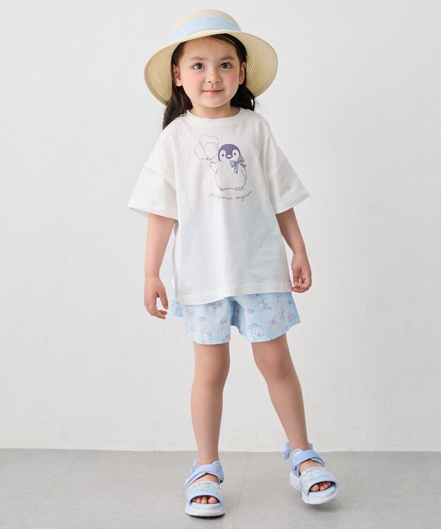 ANY KIDS 【綿100%/接触冷感】ひんやり オーバーサイズ アニマルTシャツ オフホワイト×ペンギン