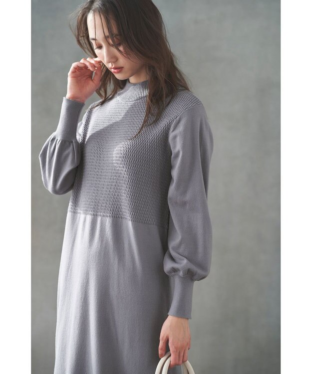 ANY SIS 【洗える】バスケット編み切替えニット ワンピース ブルーグレー