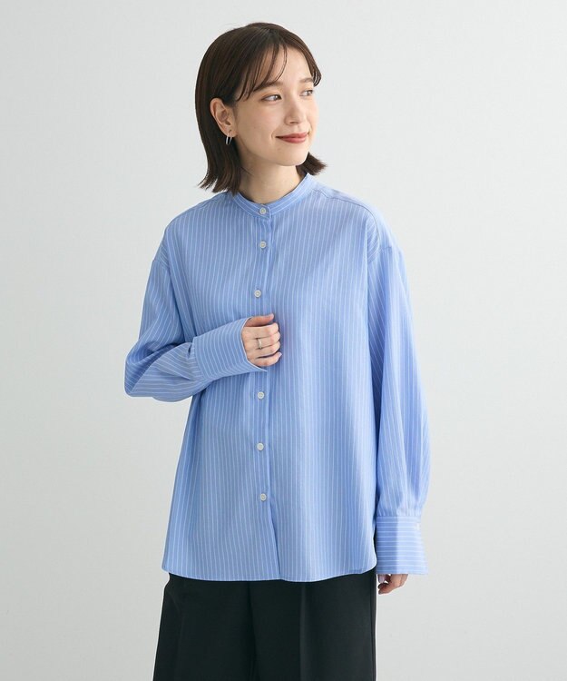 Green Parks バンドカラーストライプシャツ Stripe Blue