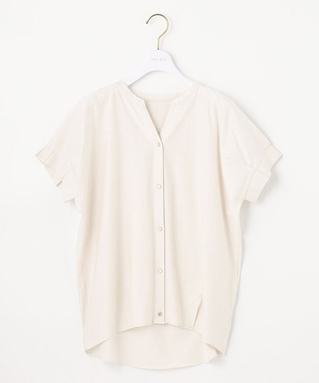 ANY SIS 【洗える】シルケットスキッパー ブラウス サンドベージュストライプ