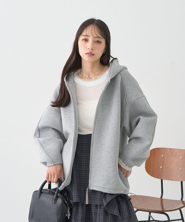 earth music&ecology 【軽量】ダンボールニットフーディーブルゾン Gray Mixture