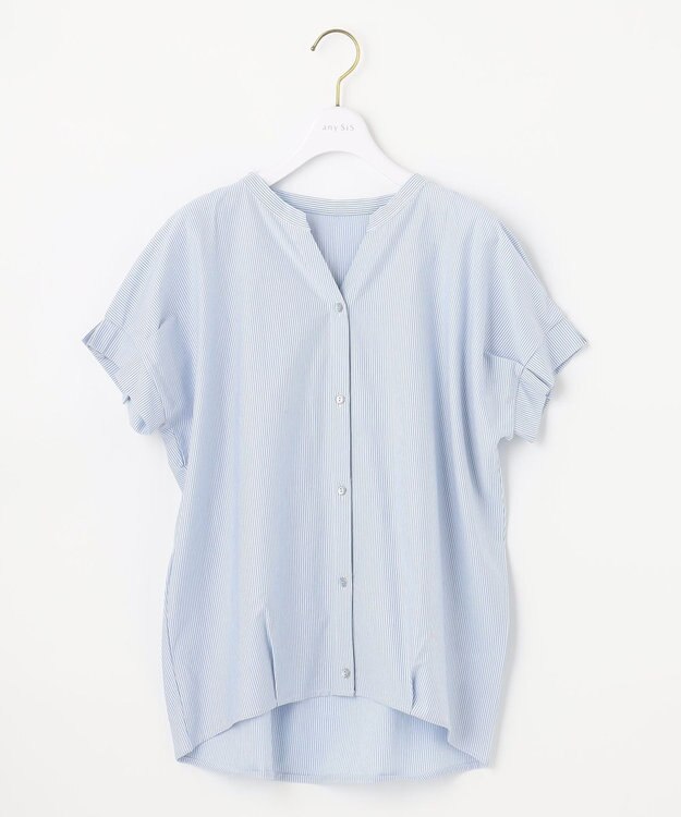 ANY SIS 【洗える】シルケットスキッパー ブラウス ブルーストライプ