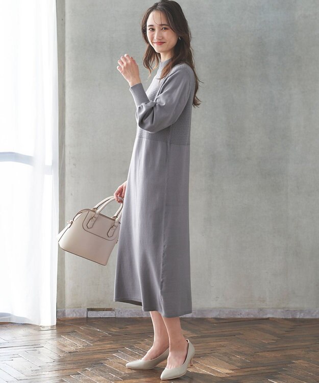 ANY SIS 【洗える】バスケット編み切替えニット ワンピース ブルーグレー