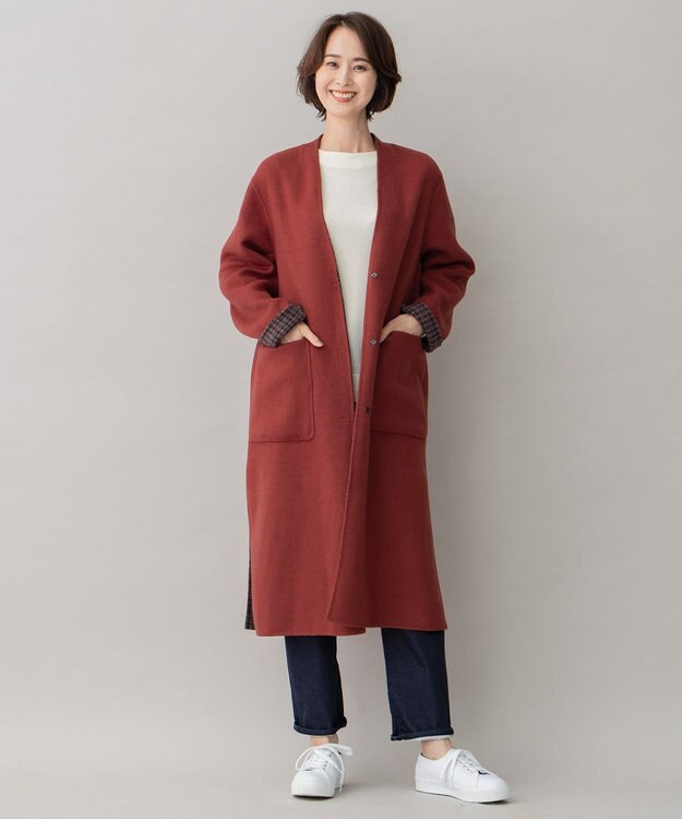 自由区 【リバーシブル】ウールリバー ノーカラーロングコート レッド系