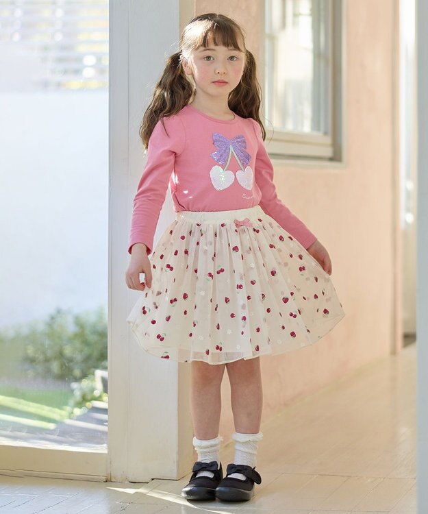 ANY KIDS ミラクルスパンコール 長袖 Tシャツ ピンク×チェリー