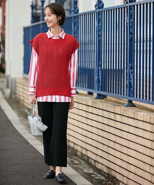 自由区 L 【洗える】リネンミドルゲージ ニットベスト レッド系