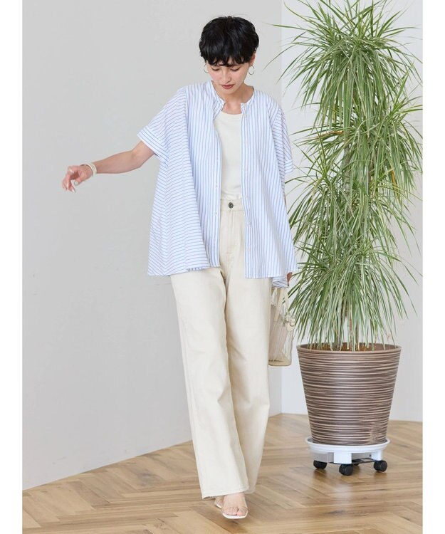 AMERICAN HOLIC 接触冷感フレンチスリーブ切り替えフレアブラウス Stripe Ivory