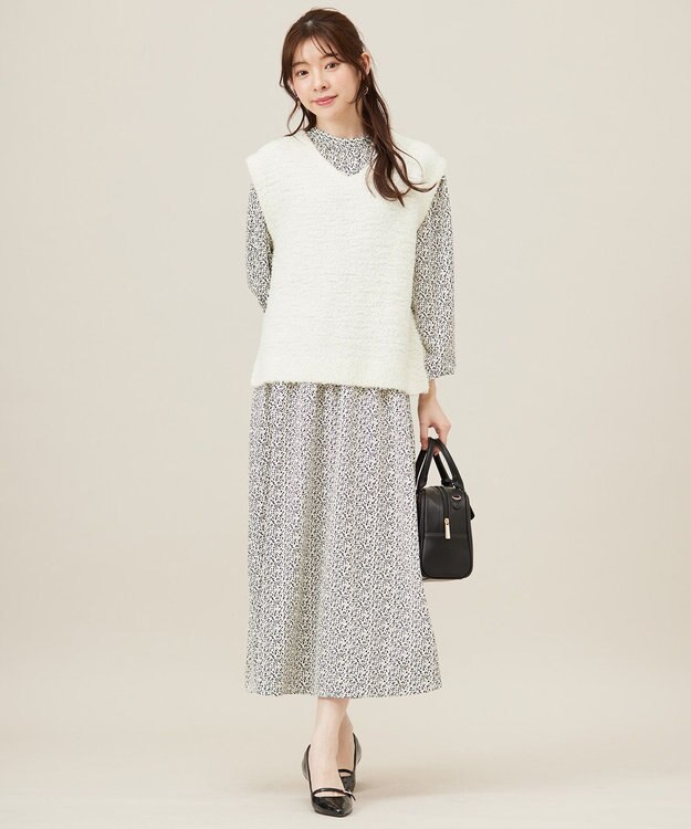 ANY SIS L 【洗える】フラワープリントワンピース × ニットベスト セット アイボリー