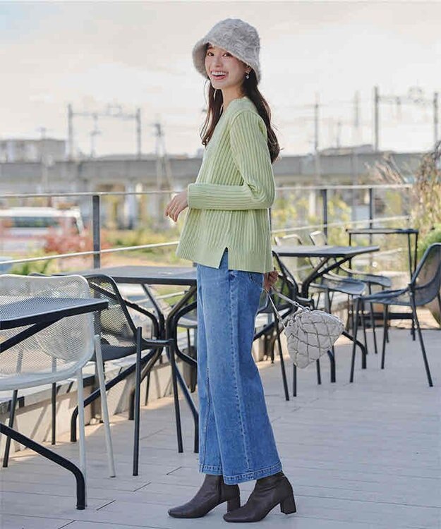 Tiaclasse L 【洗える】Vネックリブ編みニット ミント