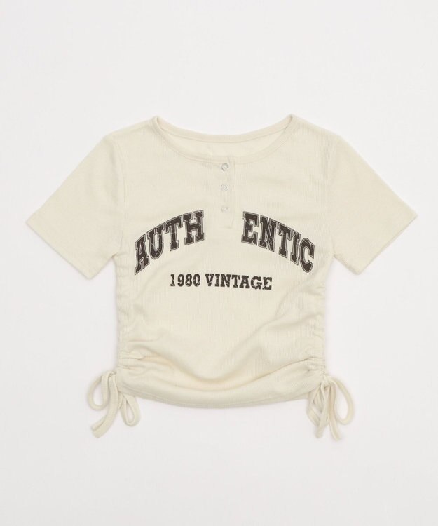 WEGO サイドギャザーヘンリーネックロゴT ホワイトアイボリー