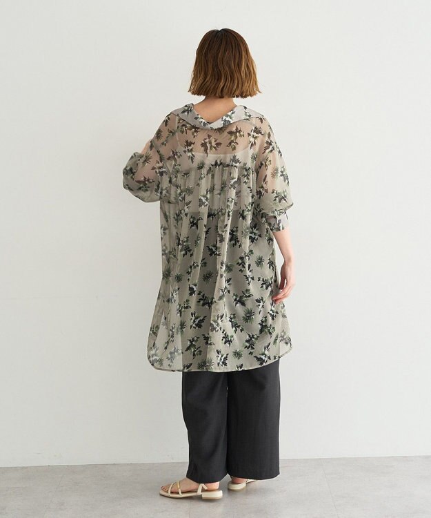 YECCA VECCA フラワー柄シアーロングシャツ Light Khaki