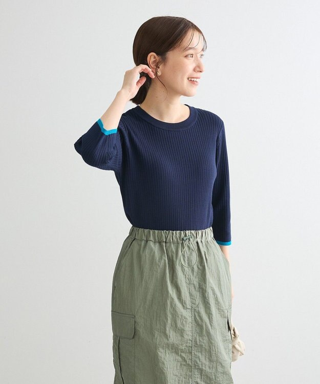 Green Parks ＢＰ　袖口カラーリブ７分袖ニットプルオーバー Dark Navy