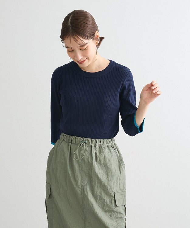 Green Parks ＢＰ　袖口カラーリブ７分袖ニットプルオーバー Dark Navy