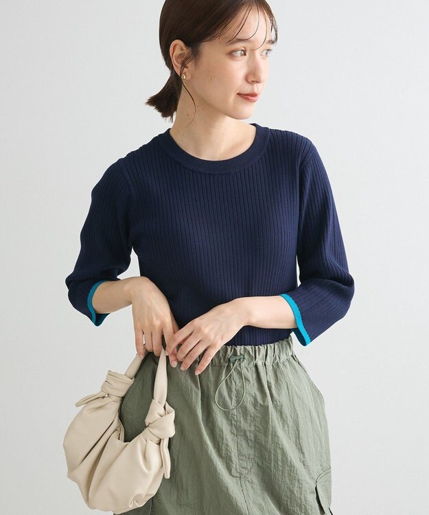 Green Parks ＢＰ　袖口カラーリブ７分袖ニットプルオーバー Dark Navy