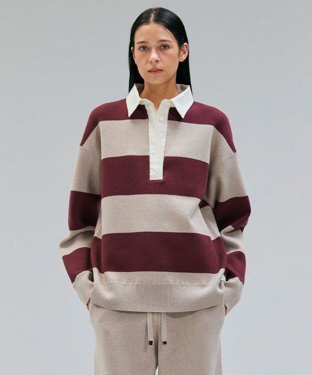 BEIGE， 【洗える】TAFT / コットンカシミヤラガーニット Taupe × Bordeaux