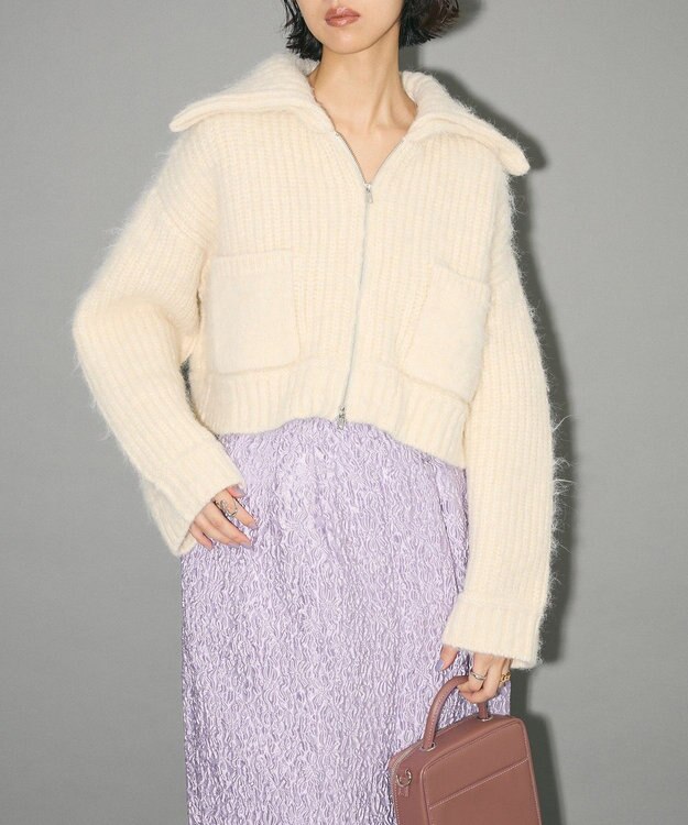 Green Parks フロントジップビックカラーニットブルゾン Gray