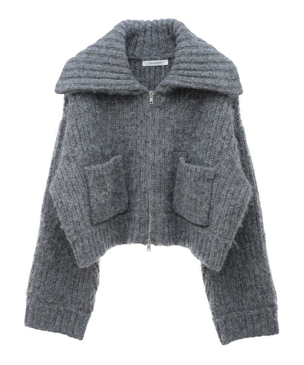 Green Parks フロントジップビックカラーニットブルゾン Gray