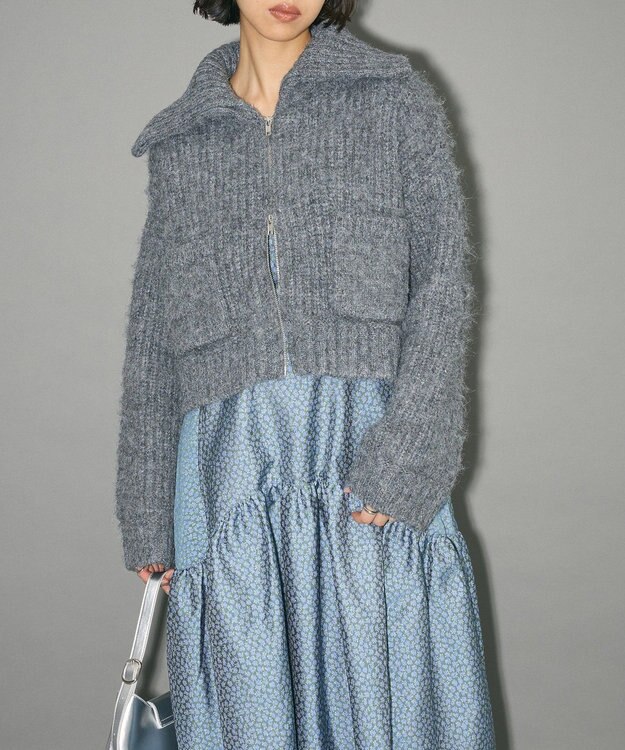 Green Parks フロントジップビックカラーニットブルゾン Gray