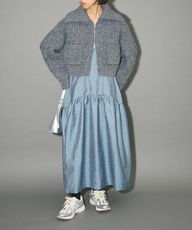 Green Parks フロントジップビックカラーニットブルゾン Gray