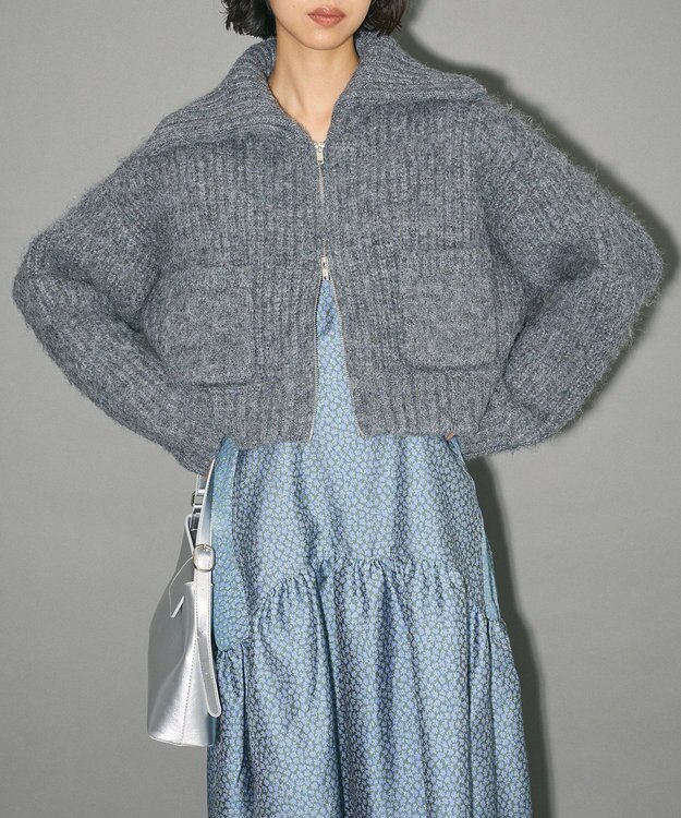 Green Parks フロントジップビックカラーニットブルゾン Gray