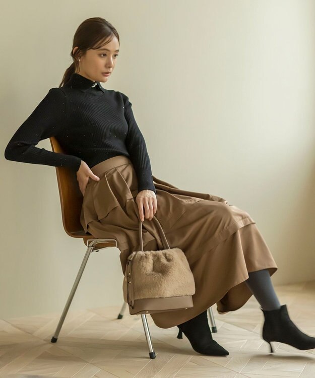 組曲 フリルタフタ フレアスカート モカブラウン系