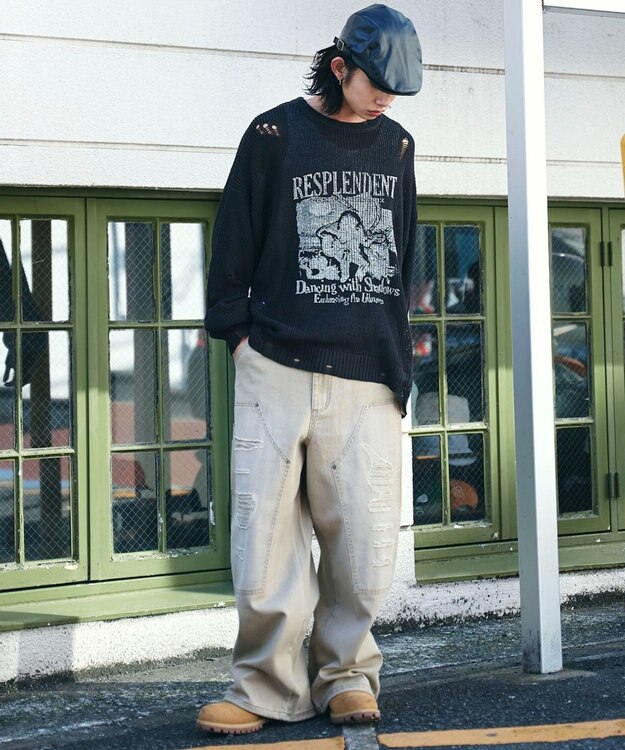 WEGO グラフィックダメージニットプルオーバー ダークグレー