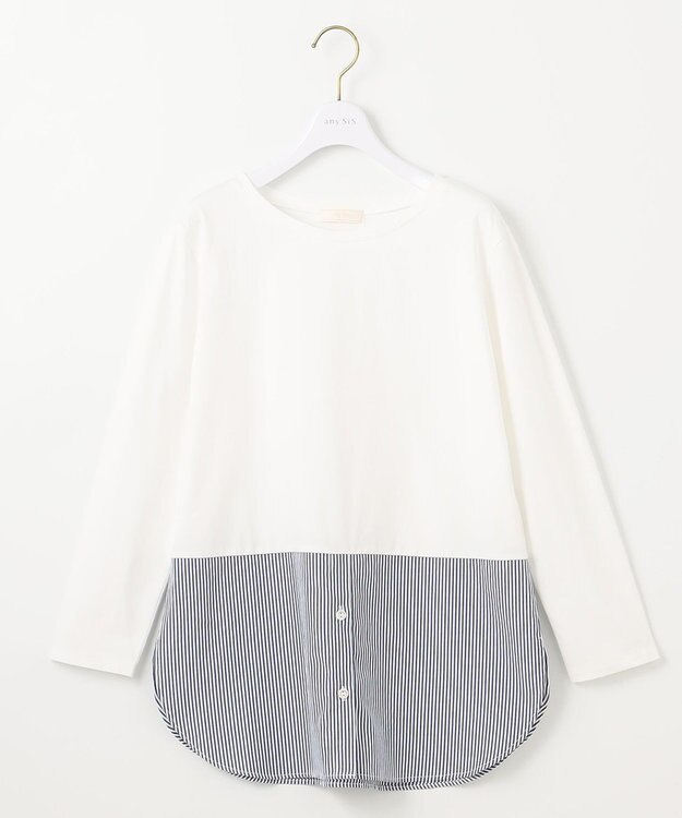ANY SIS 【洗える】シャツコンビレイヤード カットソー ネイビーストライプ