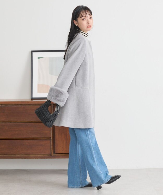 earth music&ecology ファーカフスノーカラーコート 杢グレー