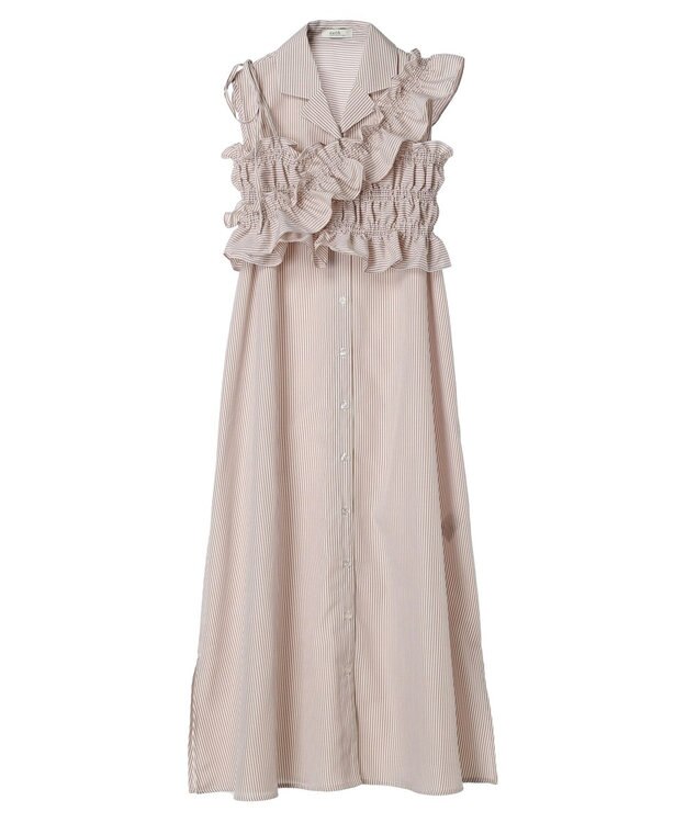 earth music&ecology ＳＥＴ２点シャーリングビスチェ×シャツワンピース Stripe Beige