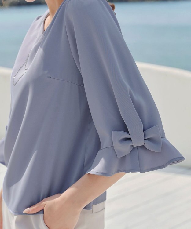 Tiaclasse 【洗える】リボンフレアスリーブブラウス ブルー