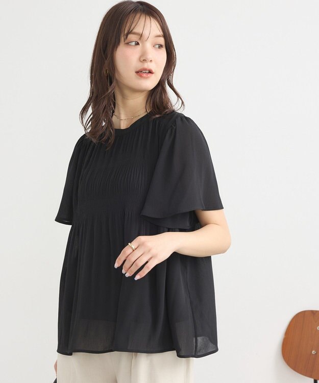 earth music&ecology マジョリカプリーツ半袖ブラウス Black