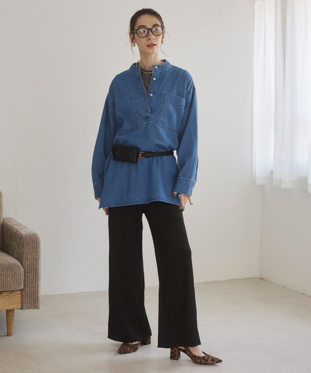 WEGO 【ANGIE VINTAGE】襟が選べる デニム チュニック シャツ （バンドカラー/レギュラーカラー） ブルー